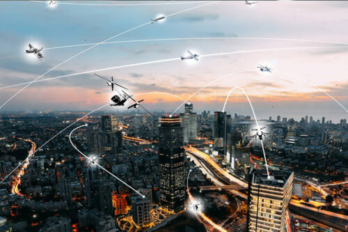 An artist’s conception of an urban air mobility environment. Credit: NASA / Lillian Gipson