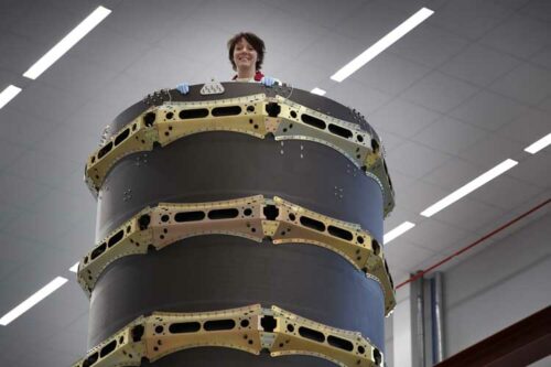 In 2020 the Swedish space minister Matilda Ernkrans went on top of a RUAG Space dispenser in Linköping. Copyright: RUAG Space, Hejdlösa.