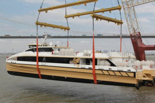 A more than 40-meter-long carbon fiber high-speed passenger catamaran launched in China