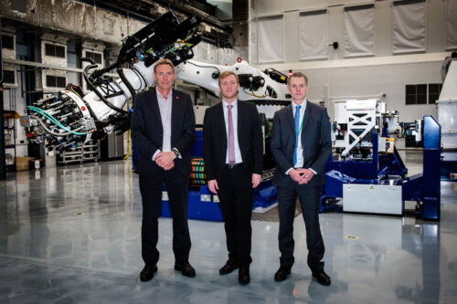 L-R Richard Oldfield, Chief Executive Officer, National Composites Centre, Lee Rowley, Minister for Industry, and Dr Stephen Wyatt, Reseach & Innovation Director, ORE Catapult