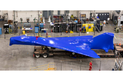 NASA’s X-59 Quiet SuperSonic Technology aircraft (QueSST) is pictured here at Lockheed Martin Skunk Works in California, wrapped up in preparation for its move to Texas. The X-plane will undergo ground tests to ensure it can withstand the stresses of flight before returning to California for completion.