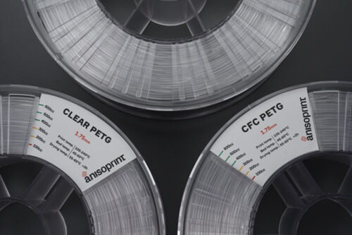 Clear and CFC PETG with a diameter of 1.75mm, amount on spool - 600 cubic centimeters (Copyright Anisoprint