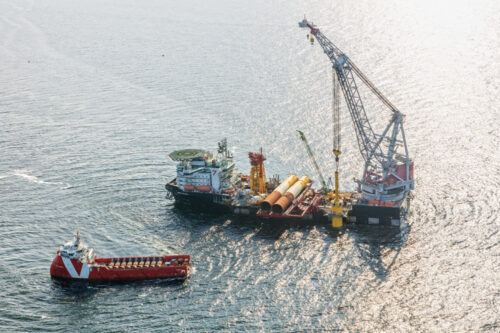 Construction work for the Hollandse Kust Zuid offshore wind farm in the North Sea is progressing. Credits: Flying Focus BV
