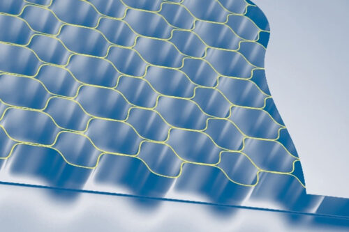 Pontacol adhesive film (yellow) concentrated around the edges of the alu-minum honeycomb.