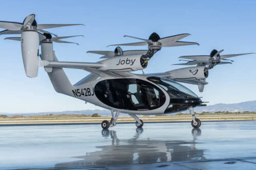 Joby's all-electric aircraft on the tarmac at the company's facility in Marina, CA.