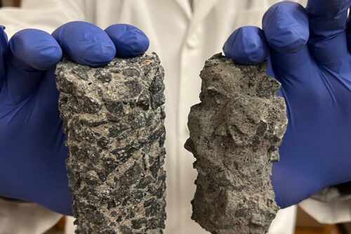 Comparison of a concrete sample coated with nano-modified sealer (left) versus untreated concrete (right)