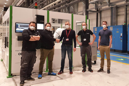 Cevotec’s SAMBA Pro Prepreg System at Leonardo, Italy. (f.l.t.r.): Kamil Nalewajka (Cevotec), Dr. Dimitrios Sikoutris (Cevotec), Angelo Sportelli (Leonardo), Richard Carle (Cevotec), Lorenz Weiß (Baumann)