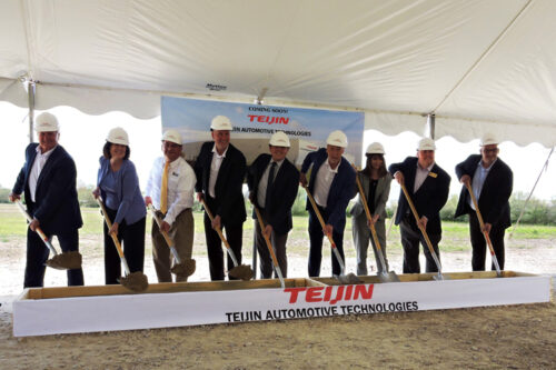 VIPs from the State of Indiana, Huntington County, the City of Huntington and Teijin Automotive Technologies gathered today to celebrate the groundbreaking for a new Teijin Automotive Technologies facility in Huntington, Indiana. Pictured from left to right: Huntington County Commissioner Rob Miller; Marla Foster, representing Indiana State Senator Andy Zay; Mark Wickersham, executive director Huntington County Economic Development Corporation; Michael Senerius, chief marketing officer, Teijin Automotive Technologies; Huntington Mayor Richard Strick; Steve Rooney, CEO, Teijin Automotive Technologies; Linda Walczak, Indiana Economic Development Corporation; Chris Crabtree, representing United States Representative Jim Banks; Jerry Reid, regional operations director, Teijin Automotive Technologies. (Photo: Business Wire)