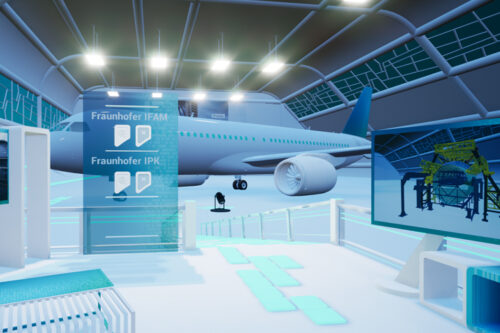 At the ILA 2022, explorable via VR glasses: The Clean Sky 2 fuselage of the future can be seen in the virtual aircraft hangar on the right, which is currently being set up at Fraunhofer IFAM in Stade on a 1:1 scale with project partners. (© Fraunhofer)