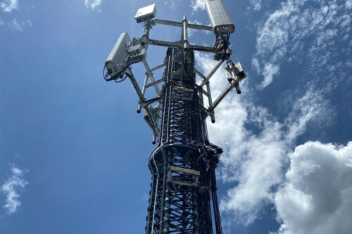 IsoTruss® lattice cell tower fabricated with carbon fiber. IsoTruss® composite grid structures are up to twelve times stronger than steel for a given weight, or as little as one-twelfth the weight for a given load, depending on the design, the site, and its specifications. (Photo: Business Wire)