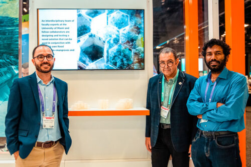 From left, assistant professor of engineering Landolf Rhode-Barbarigos, along with associate professor of practice Esber Andiroglu, and assistant professor Prannoy Suraneni display some of their coastal resilience research project at the eMerge Americas conference in April. Photo: Mike Montero/University of Miami