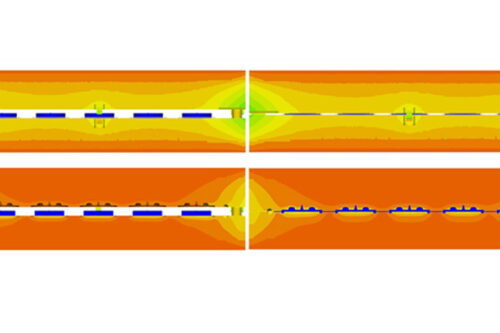 Bild 1 – The view of the mold when opening: left, when closing: right. Thermal influences in the mold seen from the outside: above, from the center: below.