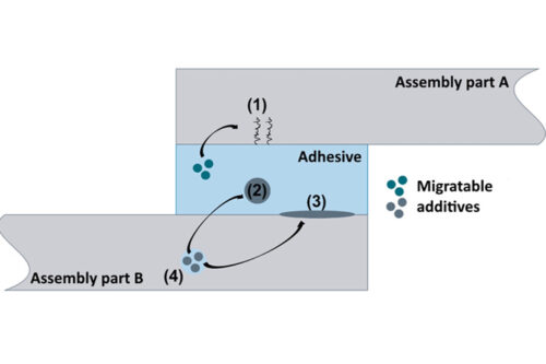 Schematic representation of the damage to bonded joints that can be caused by additive migration out of or into the adhesive: Stress cracks (1), plasticisation or cohesion disturbance (2), adhesion disturbance (3) and embrittlement (4) (Illustration: SKZ)