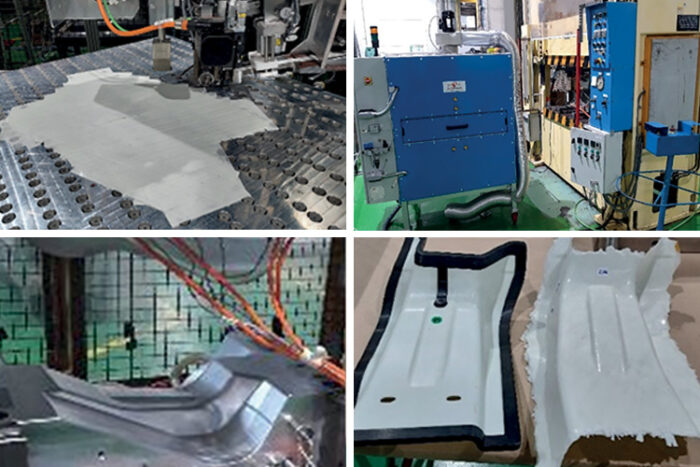 different steps of the process: fast tape laying, 2D consolidation, 3D thermoforming in the press and over­moulding of the details/ribs and the pe­rimeter frame to finish the part without the need to trim any excess material, therefore providing a zero-scrap process and elimi­nating the need for trimming operations.