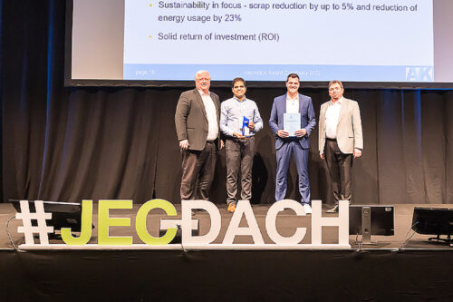 Nachiket Bapat and Dr Alexander Chaloupka (centre) receive the AVK Award for sensXPERT (Image rights: JEC Group/mk-fotografie)