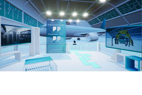 At the SIAE 2023, explorable via VR glasses: The Clean Sky 2 fuselage of the future can be seen in the virtual aircraft hangar on the right, which is currently being set up at Fraunhofer in Stade on a 1:1 scale with project partners. © Fraunhofer