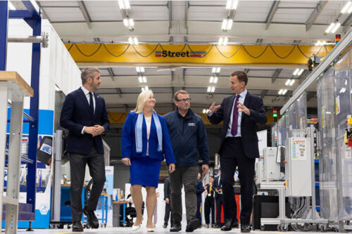 UK Chancellor Jeremy Hunt at the university of Sheffield AMRC's Factory 2050 facility in Sheffield, accompanied by AMRC CEO Steve Foxley, Boeing president maria Laine and South Yorkshire Mayor Oliver Coppard.