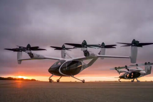 The first aircraft to come off Joby’s Pilot Production Line in Marina, CA (left).