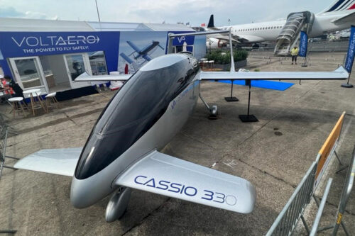 The no. 1 Cassio 330 prototype is shown on VoltAero’s Paris Air Show exhibit stand at Le Bourget Airport.