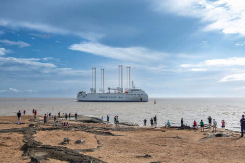 Canopée cargo ship docks in French Guiana after its first transatlantic crossing with sails