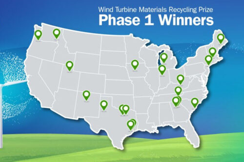 Twenty teams from across the country submitted winning solutions in the first phase of the Wind Turbine Materials Recycling Prize. Graphic by John Frenzl, NREL