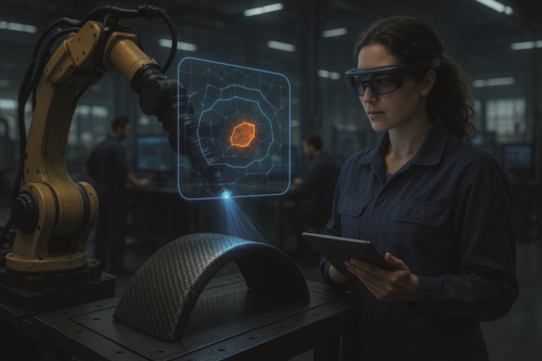 Factory 2035: a self-training, semantic-learning scanner casts a live holographic defect map over the composite arc, while an engineer in AR glasses tunes the algorithm – symbolising the leap from hand-feel inspections to real-time, AI-orchestrated quality control