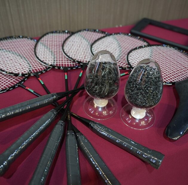 A badminton racket made of recycled carbon fibre