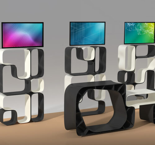 Rendering of the Fraunhofer IWU booth at Formnext – visitors can view the exhibits from multiple sides in the freestanding elements © Fraunhofer IWU I Constanze Kuring