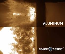 Side by side comparison of monolithic aluminum plate and Atomic-6's Space Armor™ impact shielding tile during hypervelocity impact.