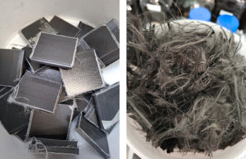 Carbon fibre/ polyurethane composite before after Sc-CO₂ recycling (left); Carbon fibres (CF) after Sc-CO₂ recycling (right) © FeyeCon